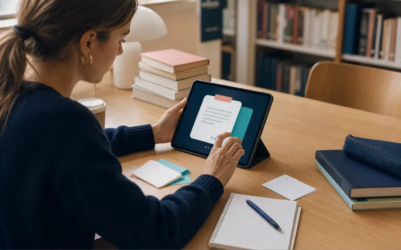 Étudiante révisant des flashcards PrépaSimple sur tablette