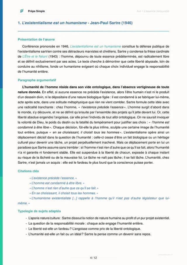 Extrait de la fiche Sartre : l’existentialisme est un humanisme, paragraphe et citations