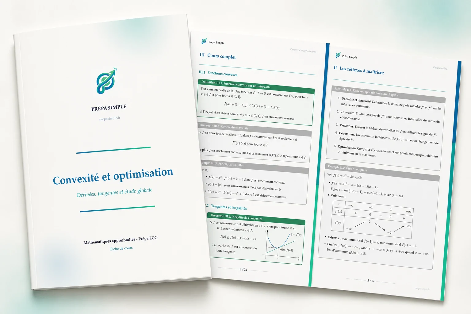 Fiche premium PrépaSimple de mathématiques approfondies sur la convexité et l’optimisation, avec sa couverture et deux pages de cours