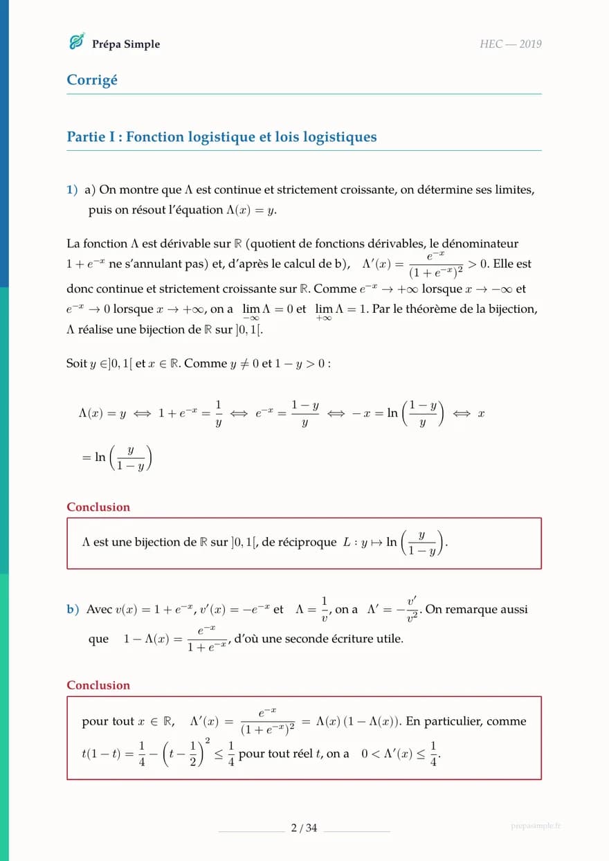 Page d'un corrigé prépasimple : questions résolues pas à pas, conclusions encadrées